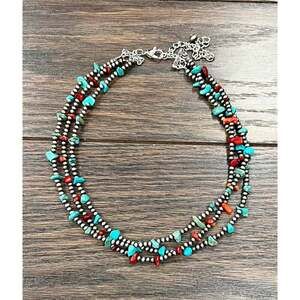 Handmade Navajo Coral and Turquoise Three Strand Necklace 16 to 21 Inches